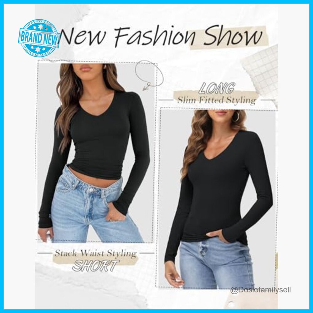 Long Sleeve V-Neck Slim Fitted Basic Tee Y2K Fash… - image 3